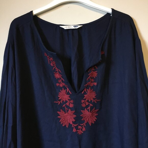 Dark Navy Blue Red Embroidered Peasant Sleeve Bohemian Tunic Shirt - Picture 4 of 15